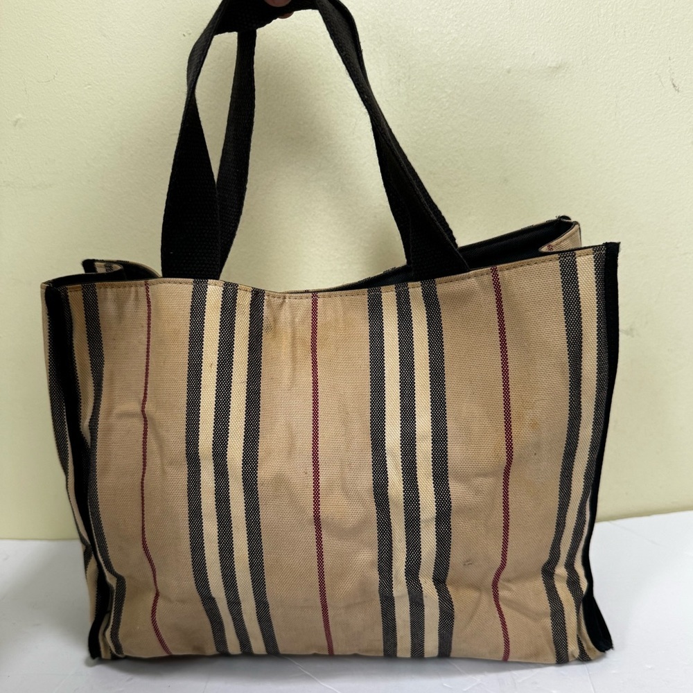 Burberry Vintage Striped Canvas Toto Bag Satchel Handbag Nova Check Cotton Tan
